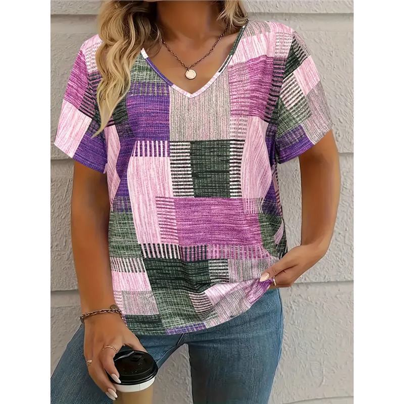 Women's Square Print V-Neck Short Sleeve T-Shirt