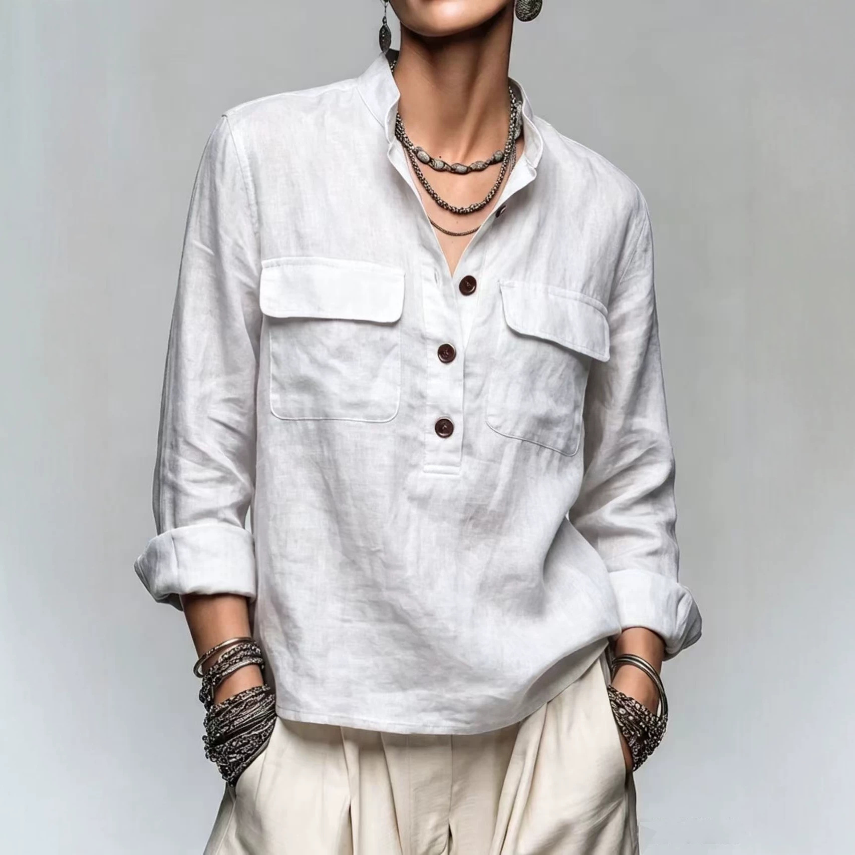 Women's Retro Stand Collar Button Pocket Loose Long Sleeve Pullover Shirt