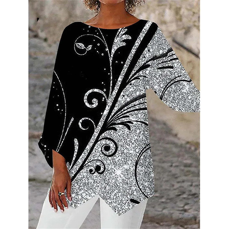 Geometric Floral Print Long Sleeve Patchwork Round Neck Shirt