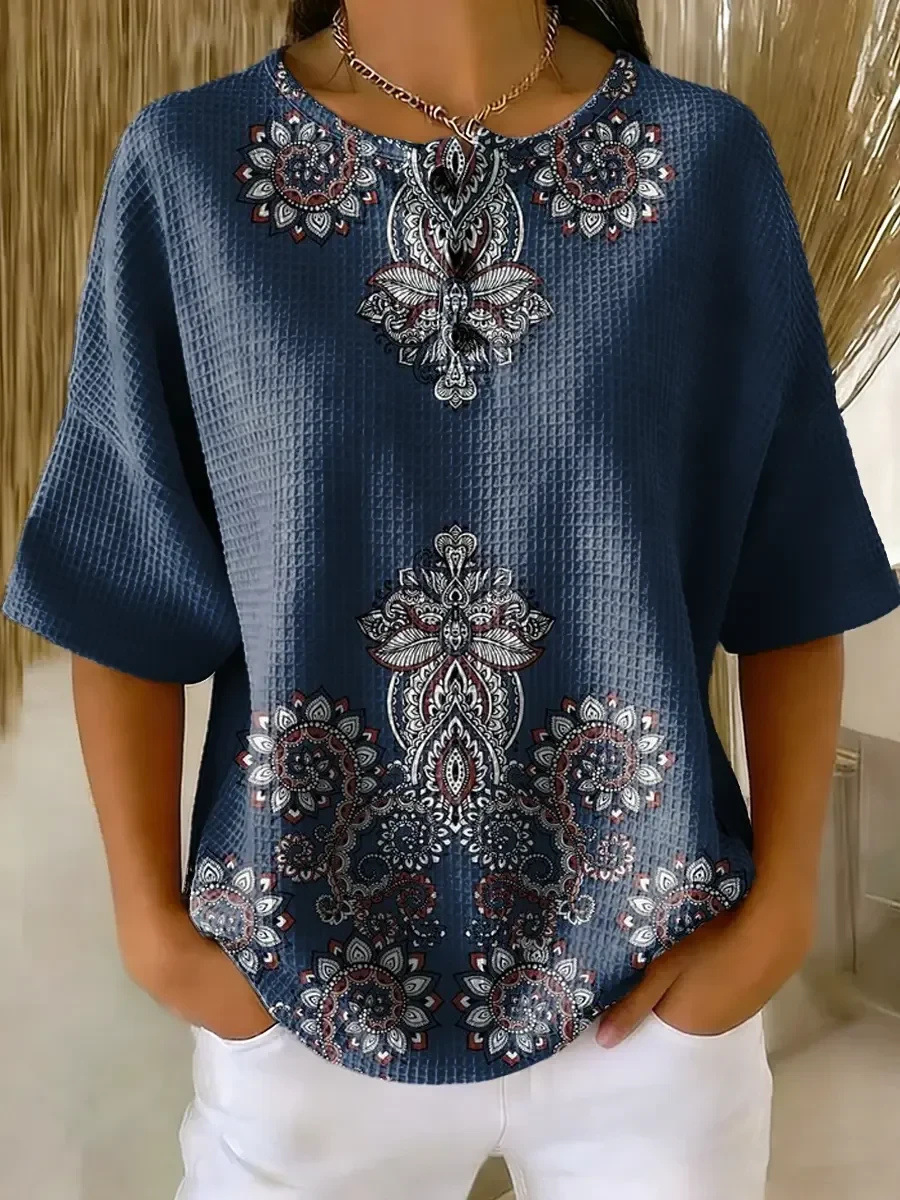 Floral Plaid Print Crewneck Short Sleeve Button Top