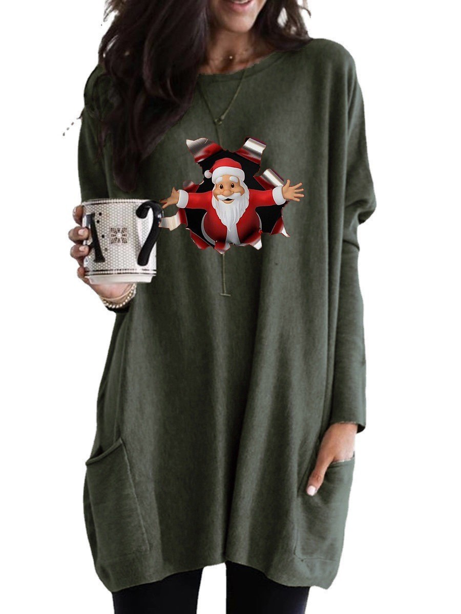 Christmas Santa Print Long Sleeve Crewneck Casual T-Shirt for Women
