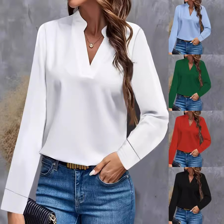 Women's Solid V-Neck Loose Casual Shirt Top