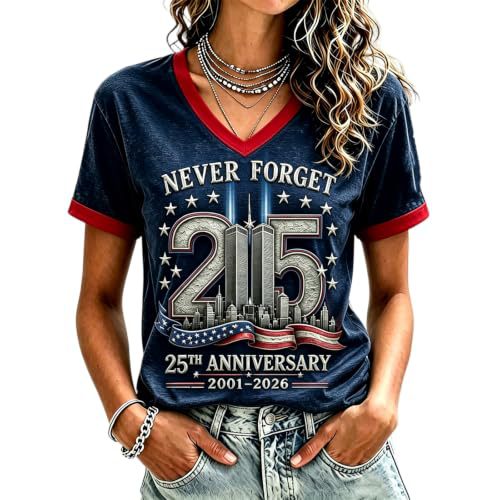 Twin Towers Anniversary Print V-Neck Short Sleeve Women's T-Shirt