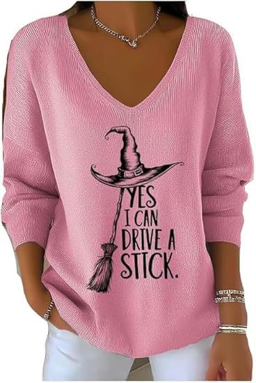 Halloween Witch Hat Broom Letter Print V-Neck Long-Sleeve T-Shirt