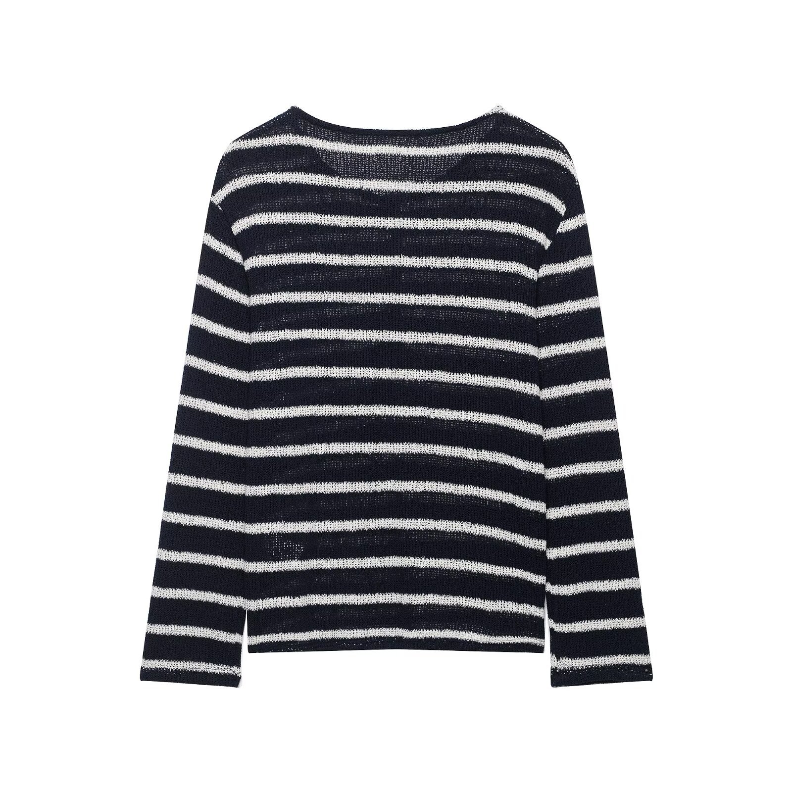 Striped Color-Block Buttoned Small Open Collar Long-Sleeve Top