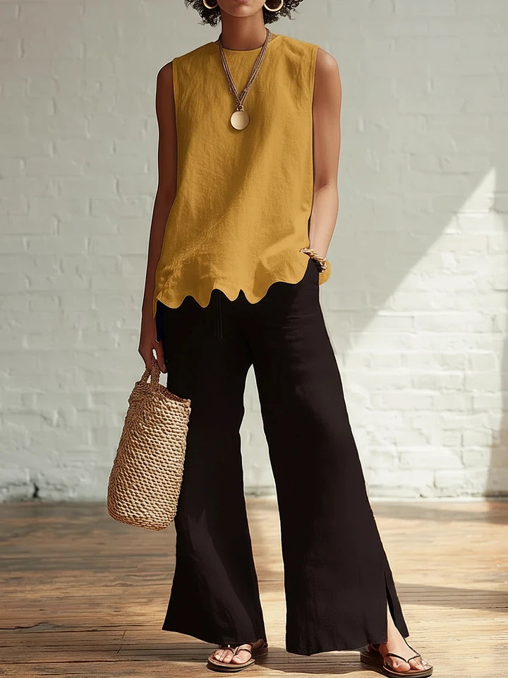 Solid Crewneck Sleeveless Wavy Hem Blouse