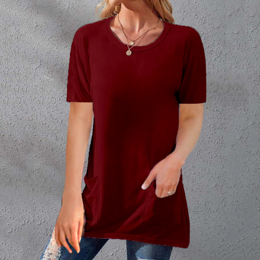 Women's Loose Fit Crewneck Short Sleeve Pocket Solid Midi T-Shirt