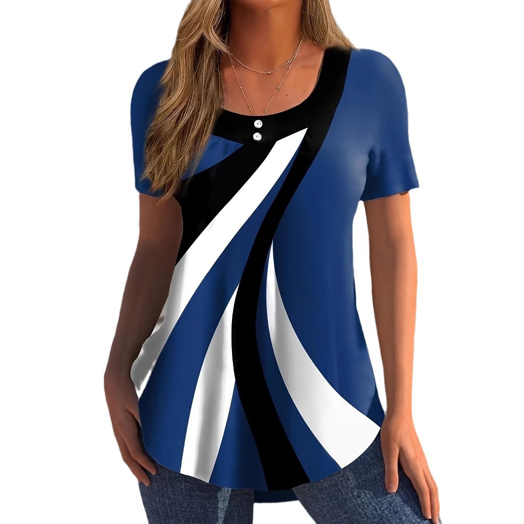 Women's Geometric Button Short-Sleeve T-Shirt