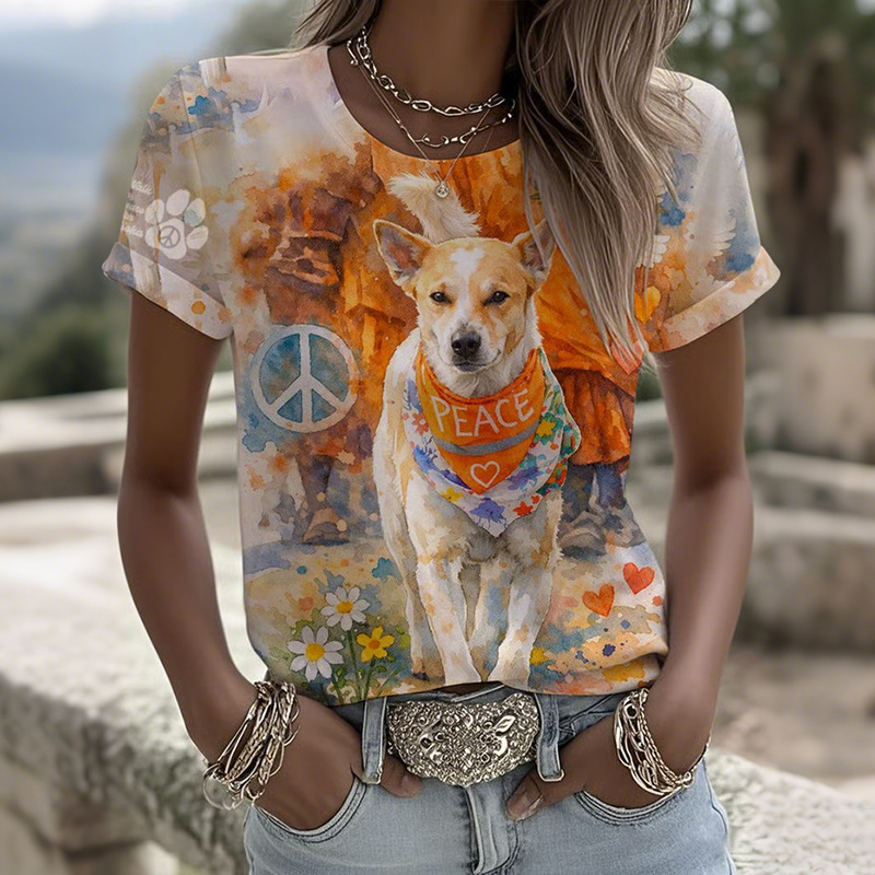 Women's Summer Waist-Fitted Crew Neck Short Sleeve Top with Monk and Peace Dog Print