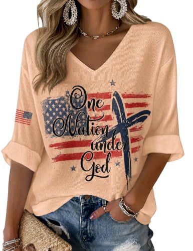 American Flag Letter Print V-Neck Half-Sleeve T-Shirt for Women