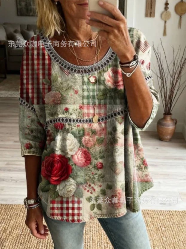3D Floral Print Crewneck Half-Sleeve Ruched Top