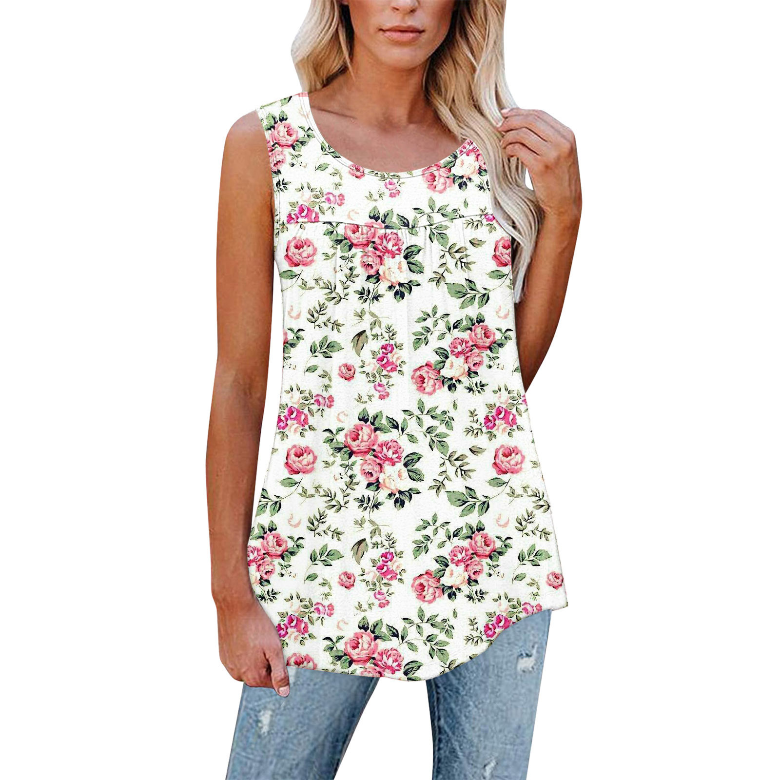 Floral Print Sleeveless Pleated Loose Fit Tank Top T-Shirt for Women