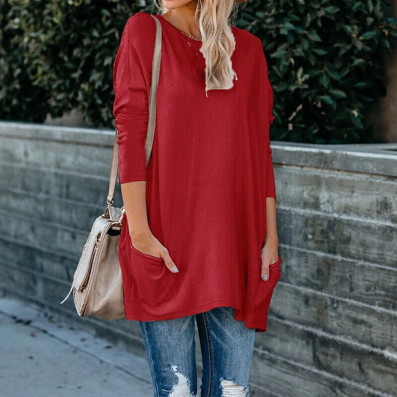 Women's Crewneck Long-Sleeve Pocket T-Shirt Plus Size