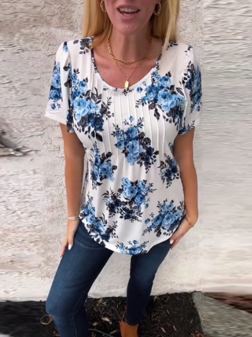 Bohemian Floral Print Short Sleeve Crew Neck T-Shirt