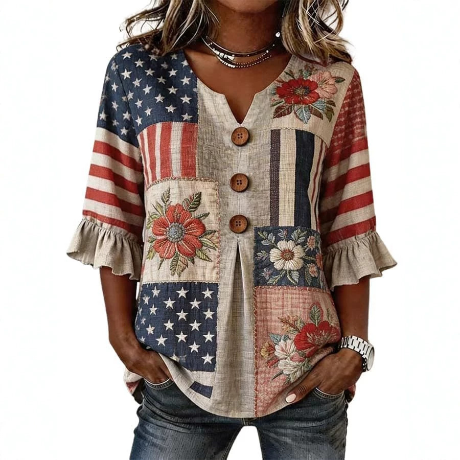 Women's American Floral Flag Print V-Neck Half-Sleeve T-Shirt