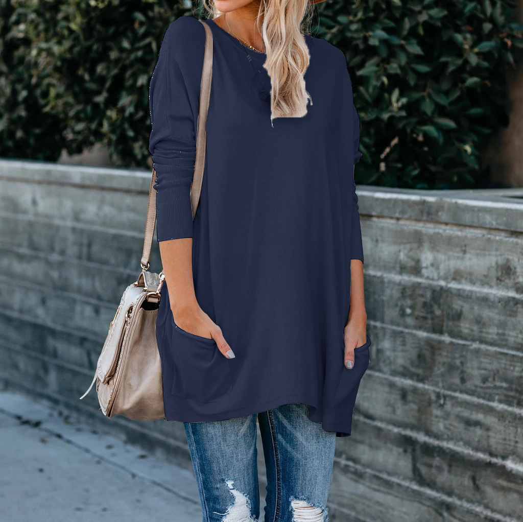 Women's Crewneck Long-Sleeve Pocket T-Shirt Plus Size