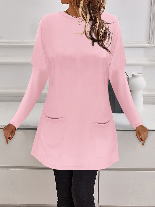 Women's Crewneck Long Sleeve Pocket Loose Casual Top T-Shirt