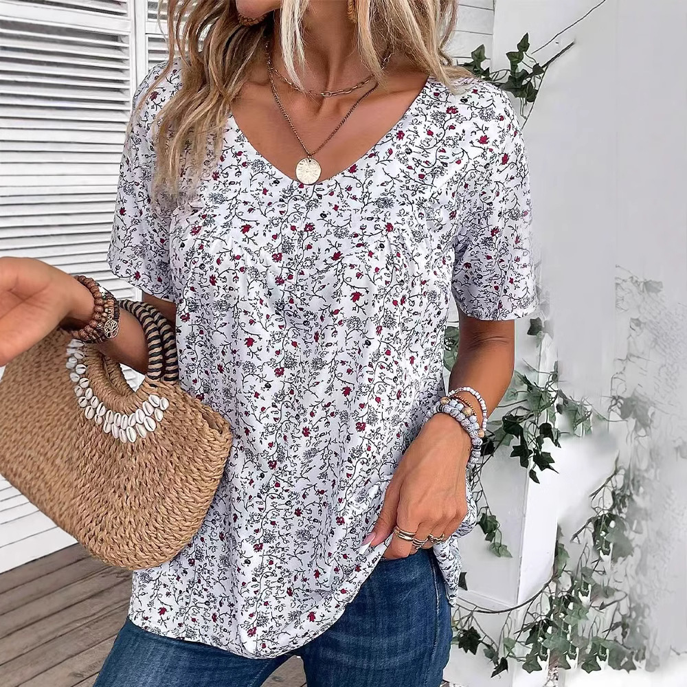 Elegant Floral Print V-Neck Short Sleeve Women's Top