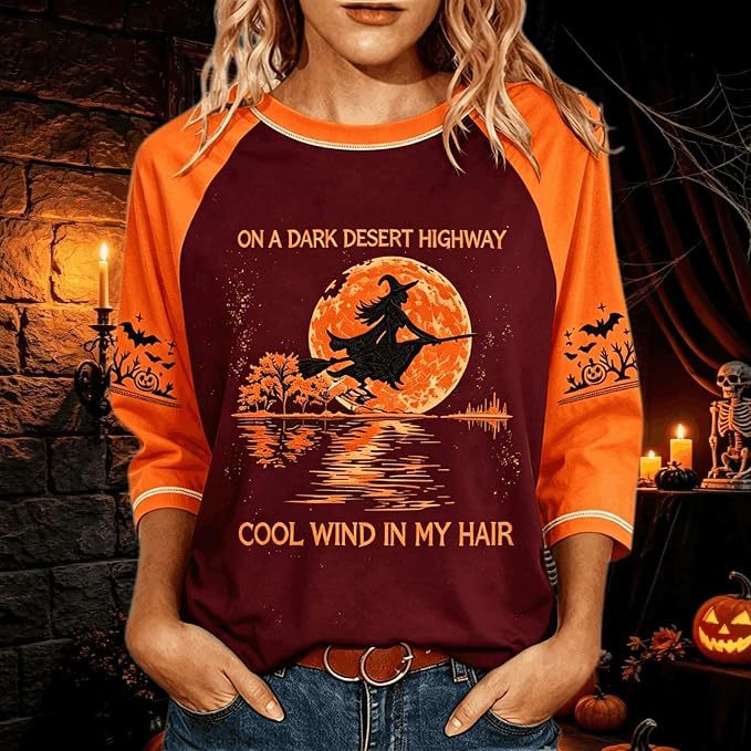 Women's Witch on Flying Broom Halloween Print Crewneck Top