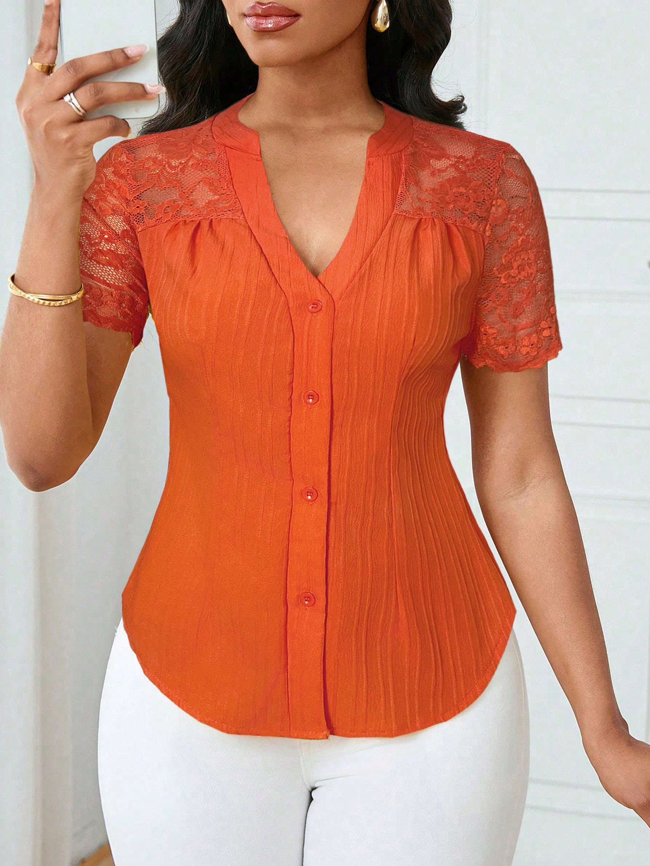 Women's Single-Breasted Embroidered Cutout Short-Sleeve Top
