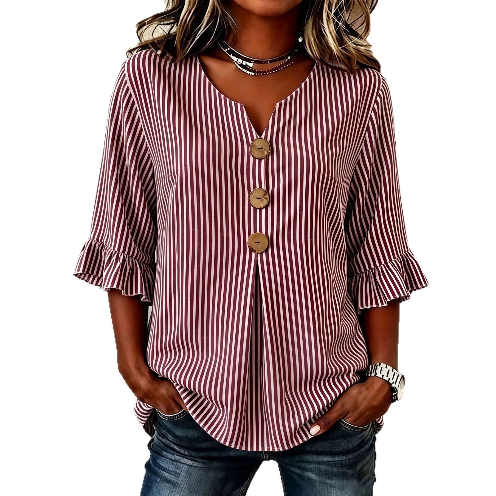 Women's V-Neck Striped Button Ruffle Half-Sleeve Blouse