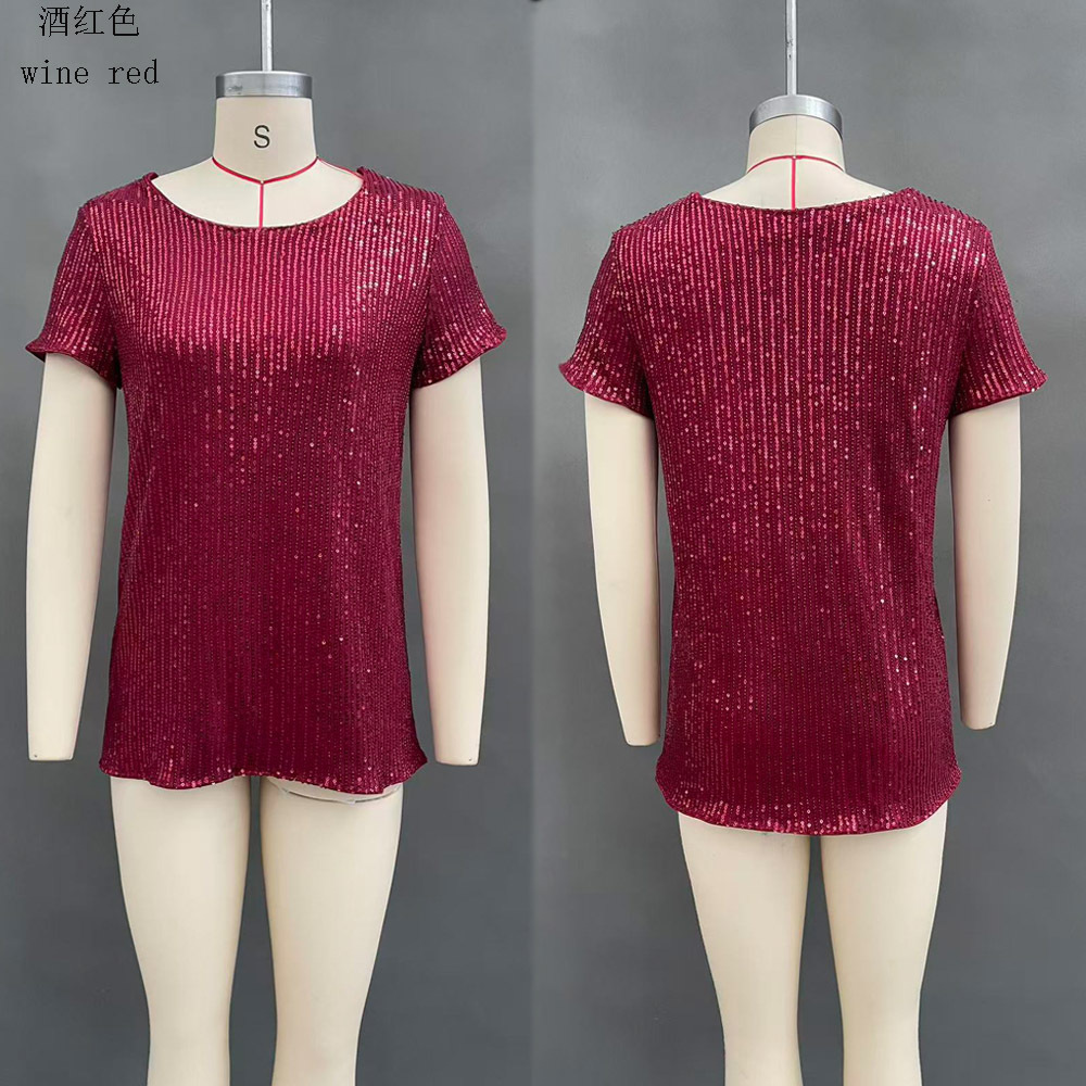 Women's Sequin Loose Crewneck Short Sleeve Top
