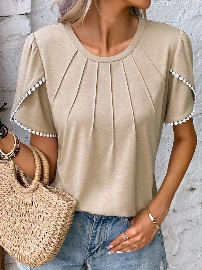 Pleated Short Sleeve T-Shirt with Petal Sleeves and Round Neck