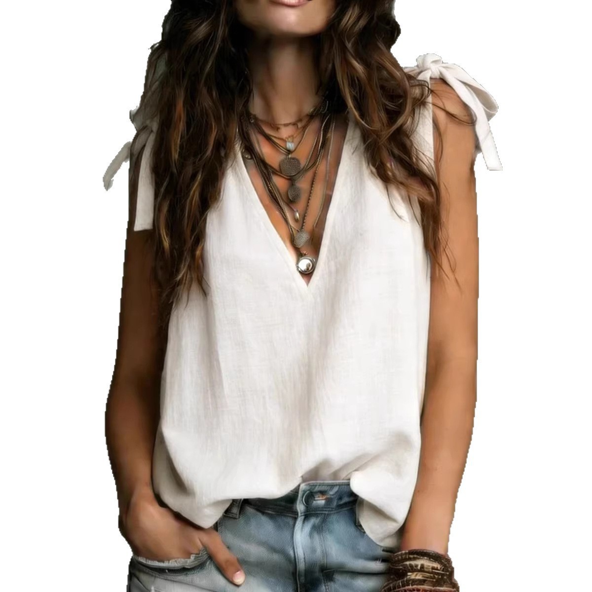 Women's V-Neck Tie-Front Sleeveless Solid Top