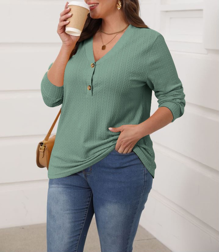 Women's Button V-Neck Long Sleeve Solid Color Casual T-Shirt Top