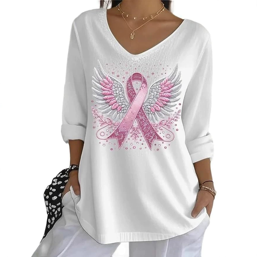 Wing Ribbon Print V-Neck Half-Sleeve T-Shirt