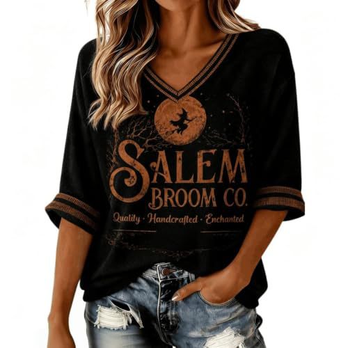 Women's Halloween Witch Letter Print V-Neck Half-Sleeve T-Shirt