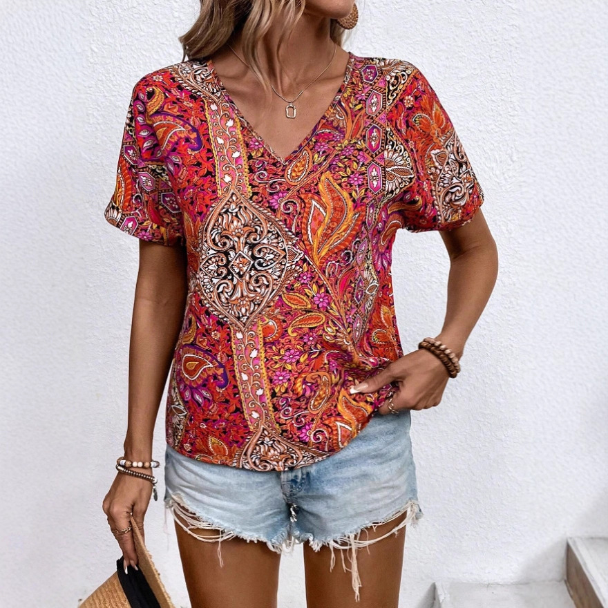 Paisley Print V-Neck Short-Sleeve Boho Blouse