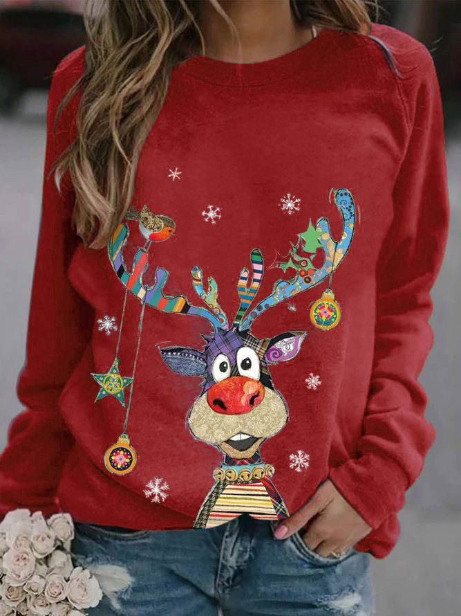 Christmas Deer Print Crewneck Long Sleeve Loose T-Shirt