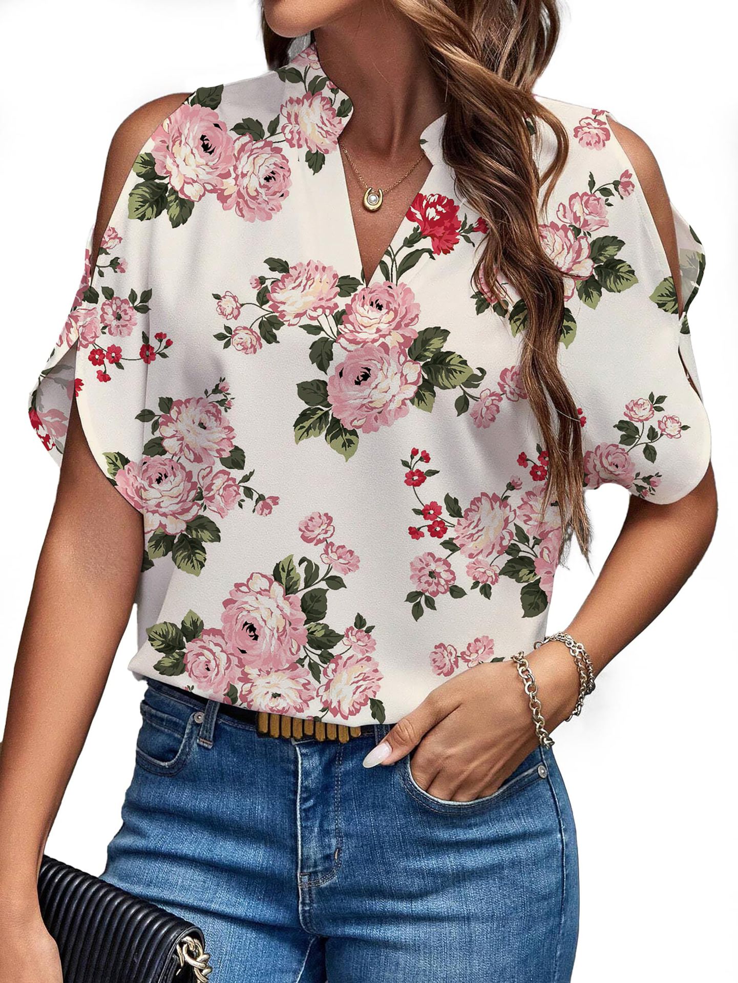 Women's Solid V-Neck Cold-Shoulder Short-Sleeve Top
