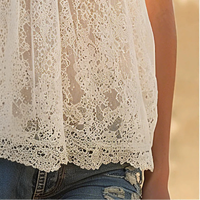White Sleeveless Lace Shirt with Thin Straps