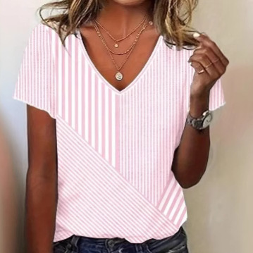 Women's Striped V-Neck Short Sleeve Top