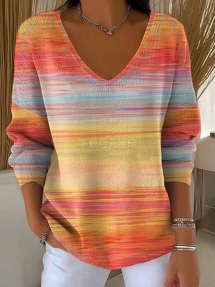 Colorful Leaf Striped V-Neck Long-Sleeve T-Shirt for Women