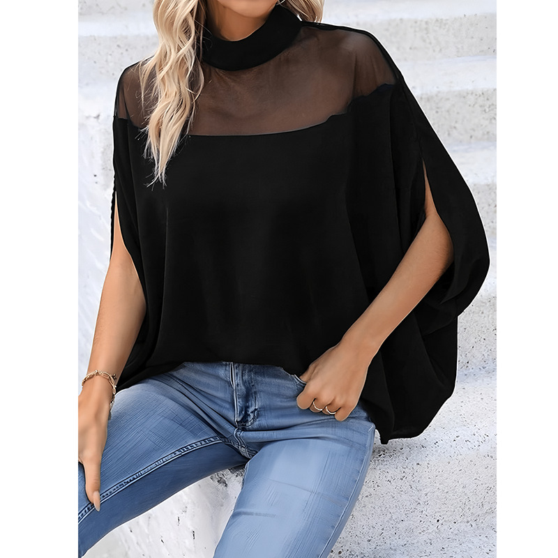 Women's Sheer Mesh Off-Shoulder High-Neck Top with Batwing Sleeves