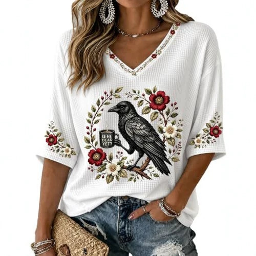 Bird & Crow Floral Print V-Neck Half-Sleeve T-Shirt