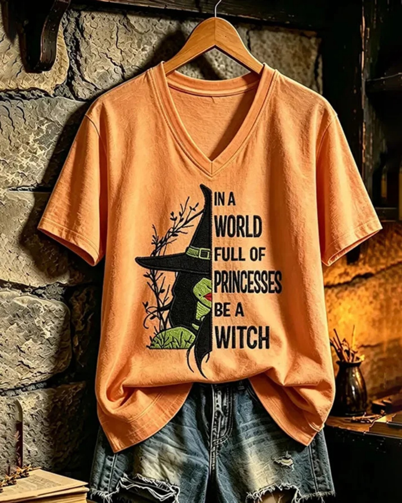 Halloween Evil Witch Print V-Neck Short Sleeve Women's T-Shirt