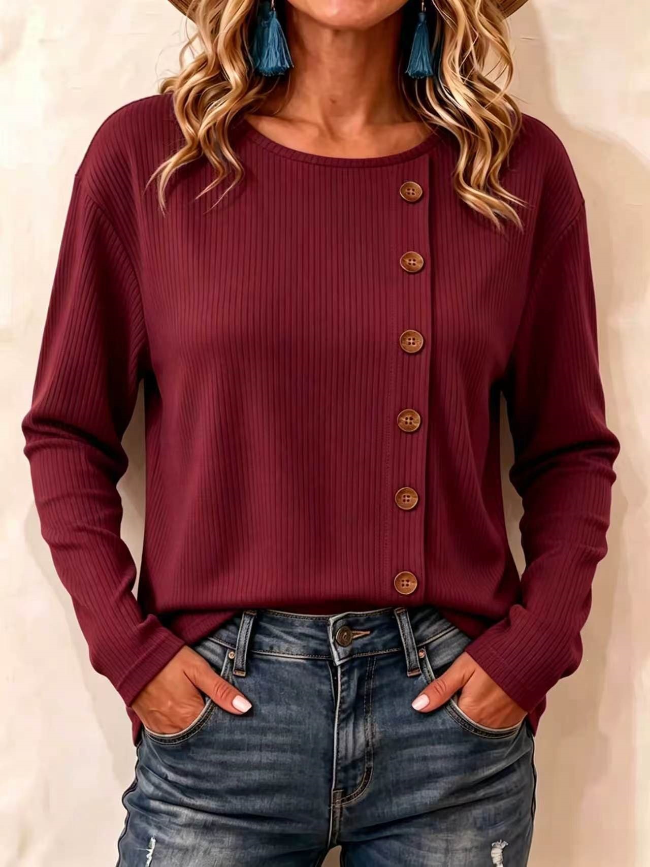 Corduroy Long-Sleeve Button-Front Solid Color Loose Fit T-Shirt