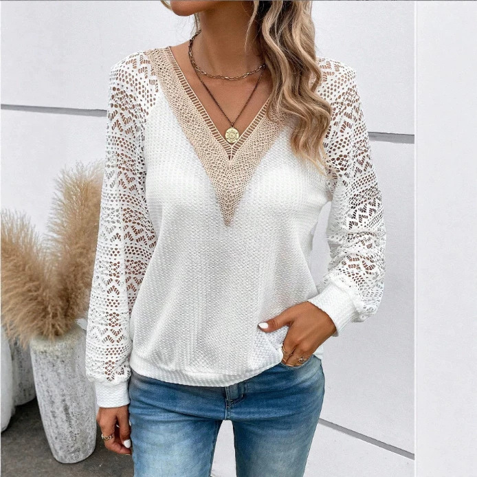 Long Sleeve V-Neck Lace Panel Sheer Casual T-Shirt