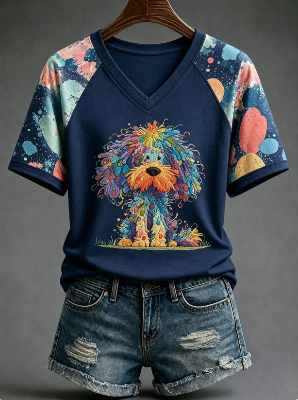 Women's Short Sleeve V-Neck T-Shirt with 3D Dog Print