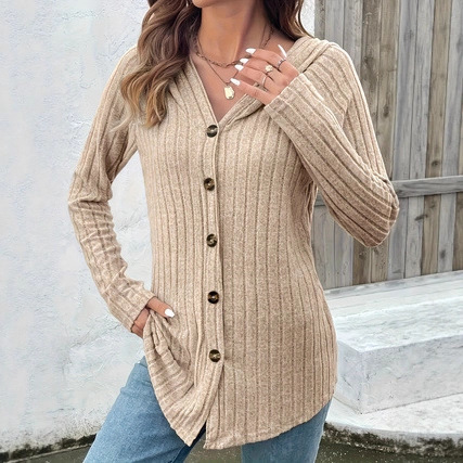 Button Waist Long Sleeve Hooded Top