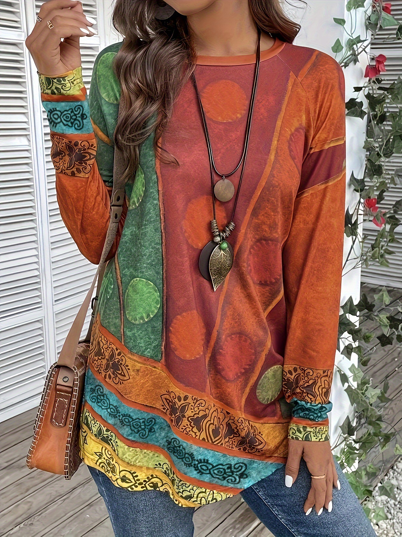 Retro Print Crewneck Long Sleeve T-Shirt Casual Versatile Top