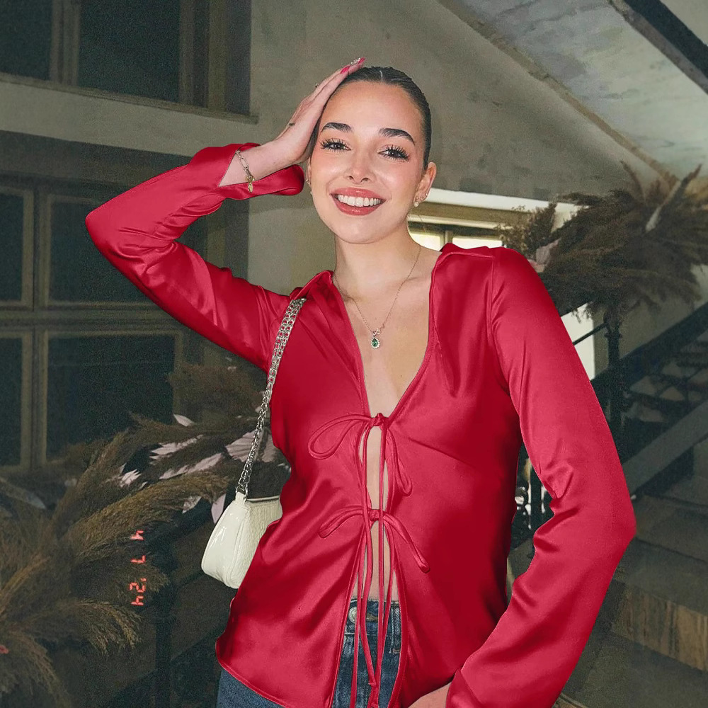 Satin Tie-Front Cardigan Long Sleeve Slim Fit Shirt
