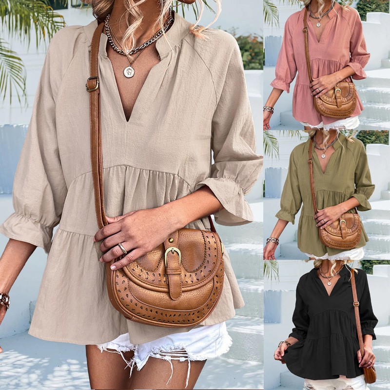 Women's Loose V-Neck Pleated Short Top