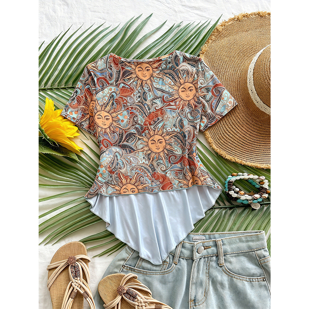 Plus Size Paisley Print Square Neck Tie-Front Short Sleeve Top