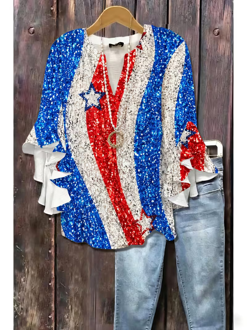 American Flag Print Rolled Sleeve Button Women's Top