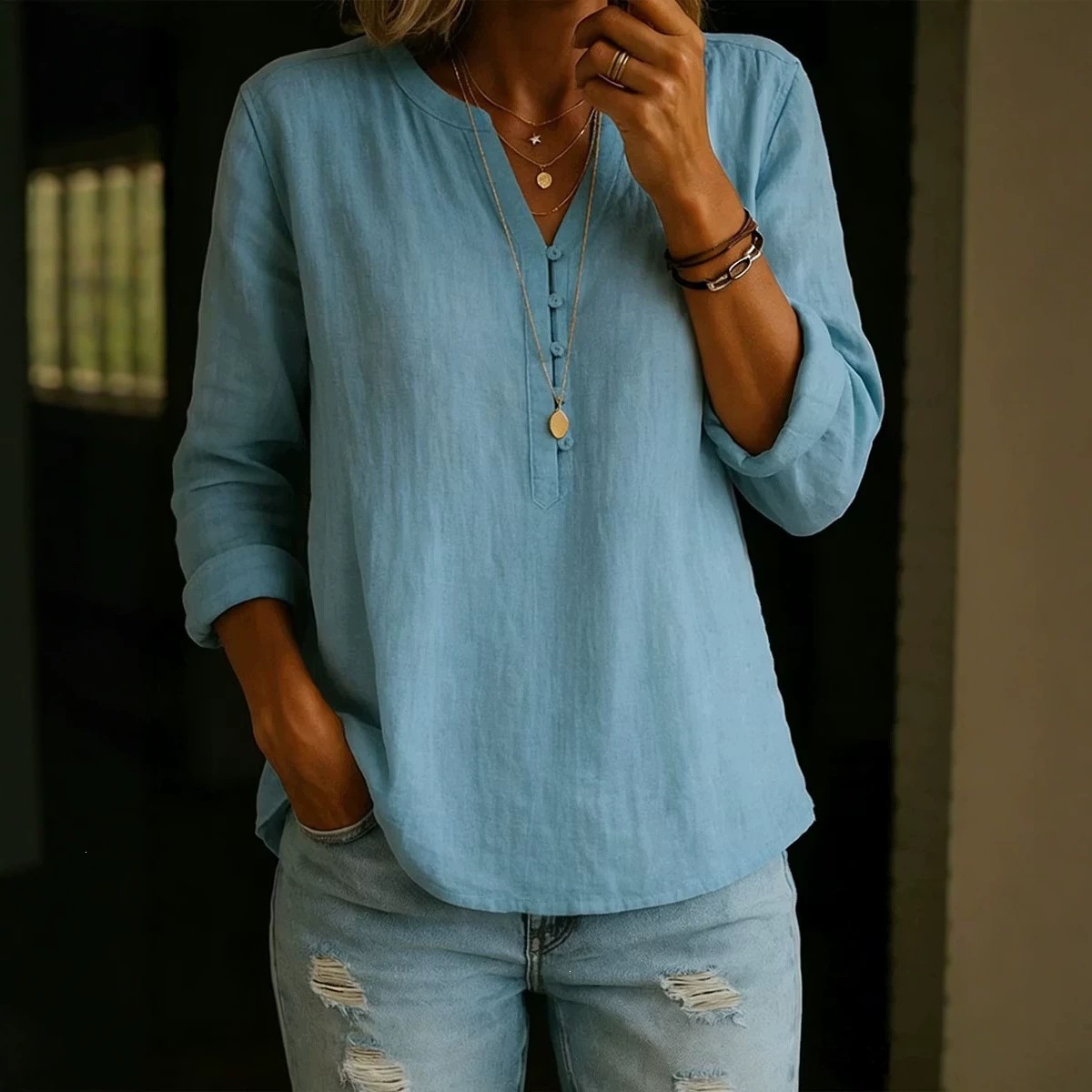 Cotton-Linen V-Neck Button-Front Long-Sleeve Top
